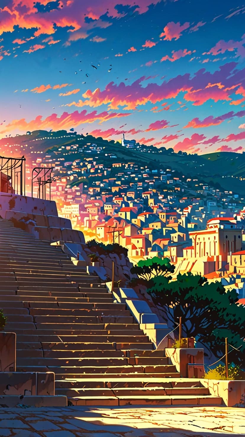 Stone stairs lead to a Mediterranean hillside village beneath a vibrant pink and orange sunset with soaring birds.