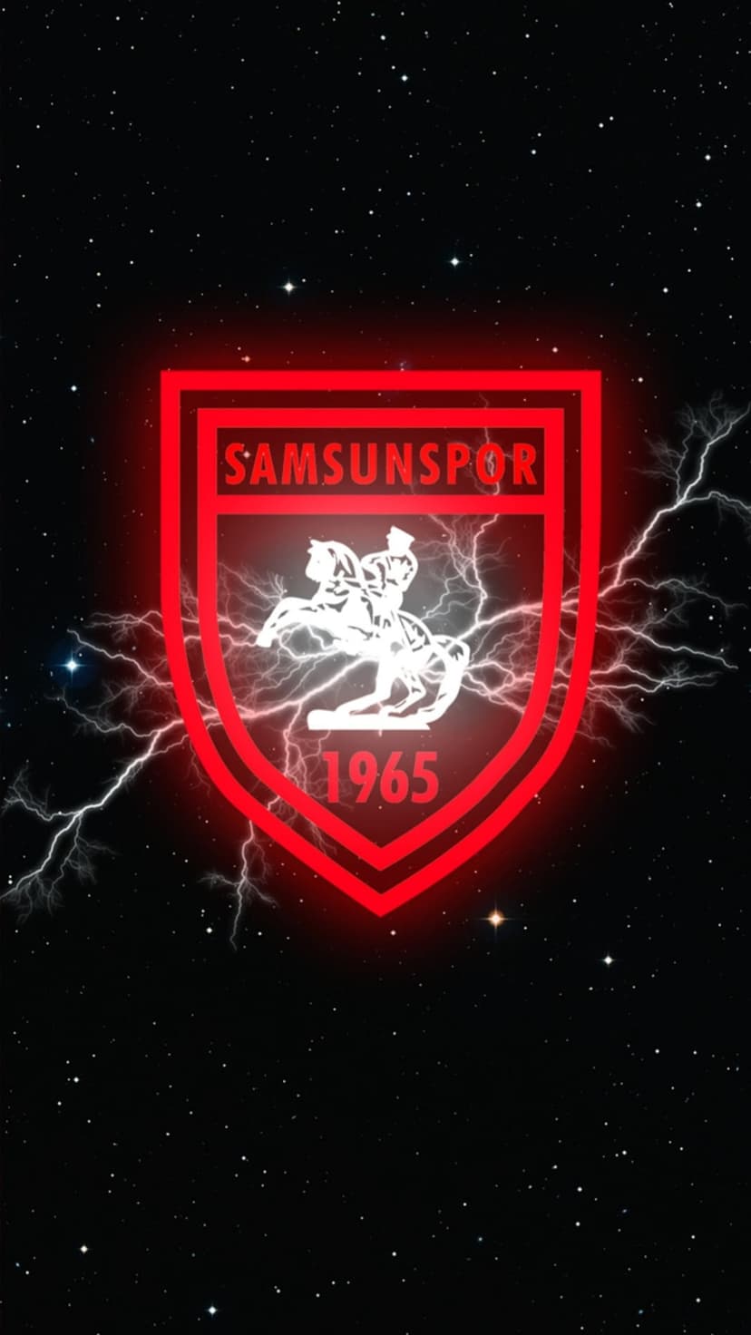Samsunspor logo with a rider on a horse glows in red neon surrounded by white lightning and a starry night sky.