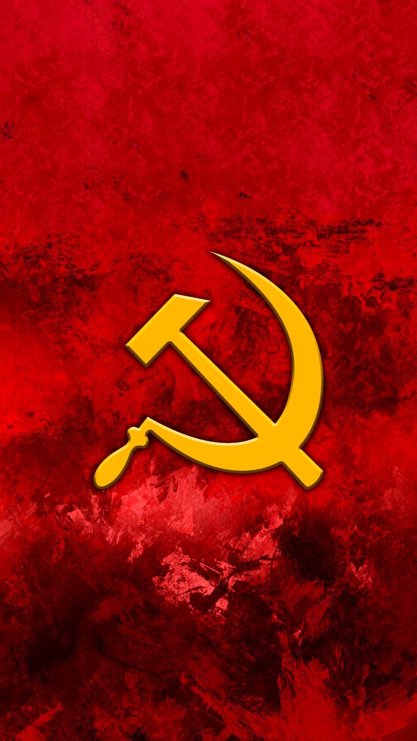 Hammer and sickle in bright yellow against a textured, dark red surface with distressed industrial wear.