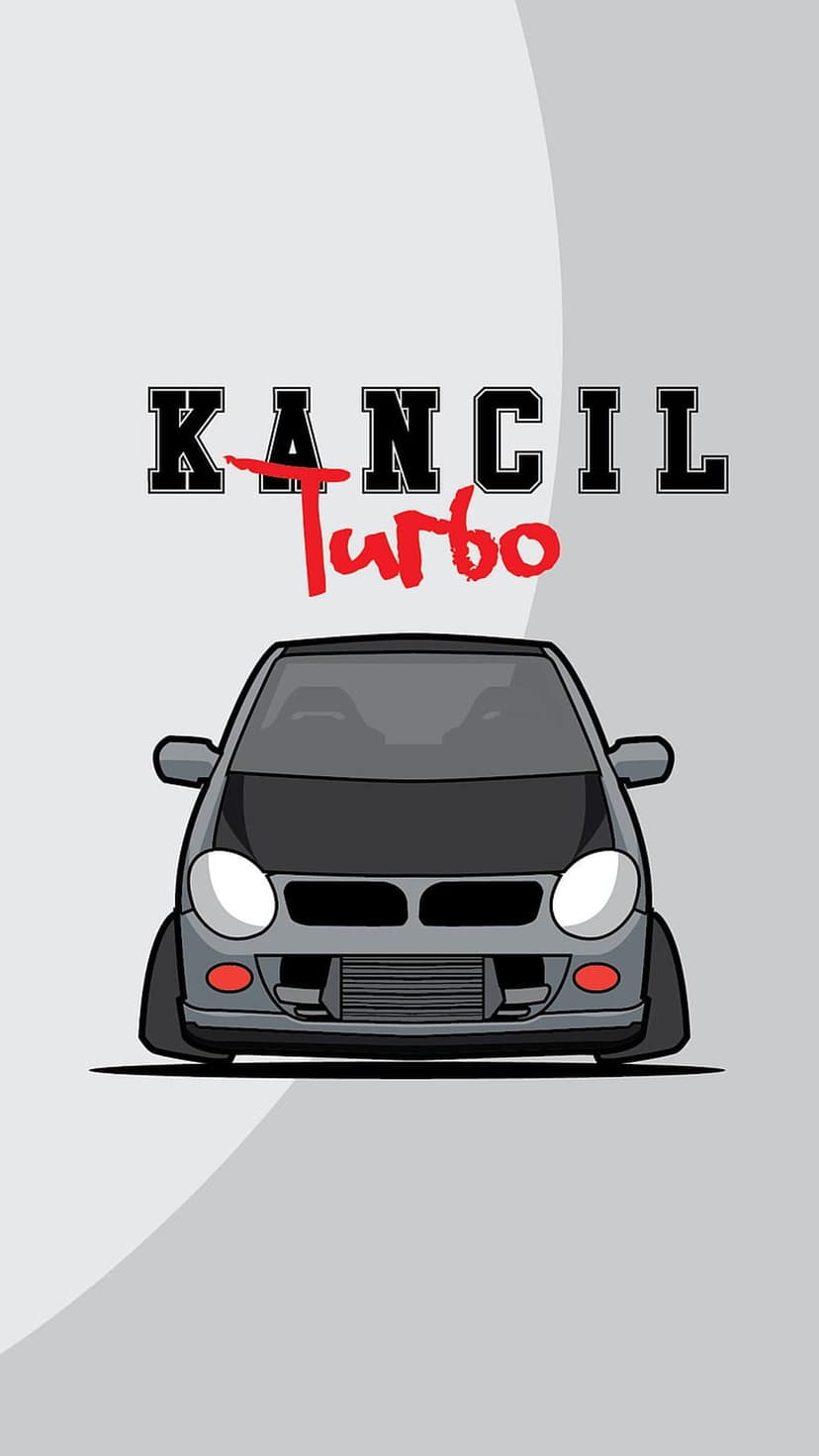 Kancil car illustration with bold black lettering and a red strike-through against a grey gradient background.