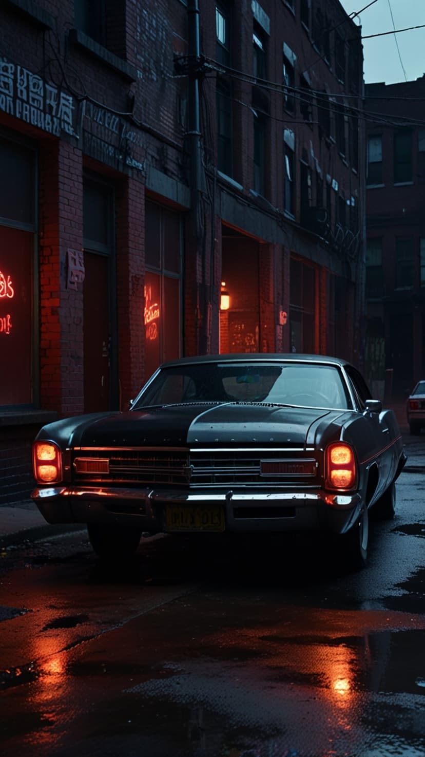 Black vintage car parked in a dark rainy alleyway with red neon sign reflections on the wet asphalt and hood.