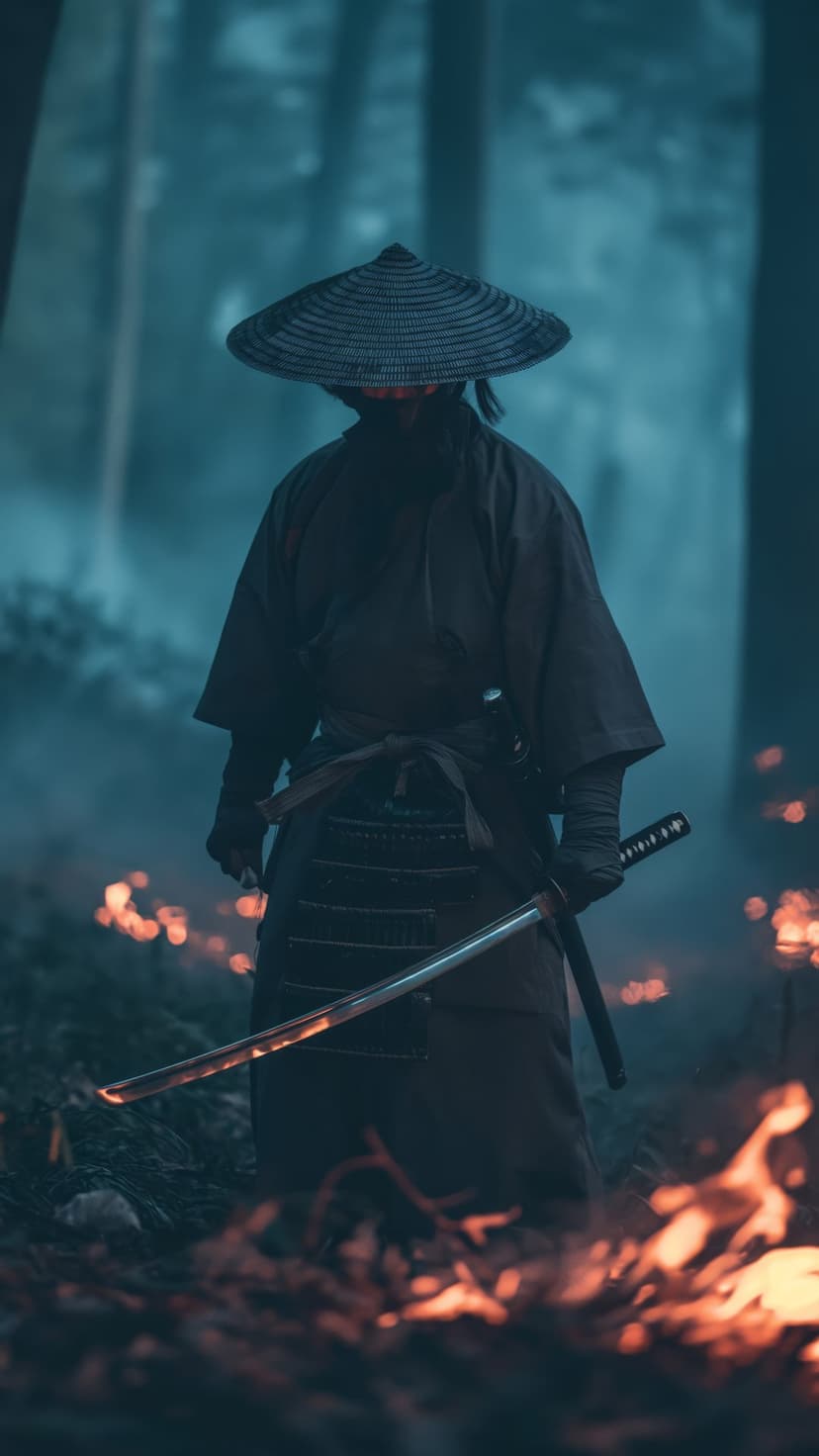 Samurai in a conical hat holds a katana hilt while standing in a misty forest illuminated by flickering embers.