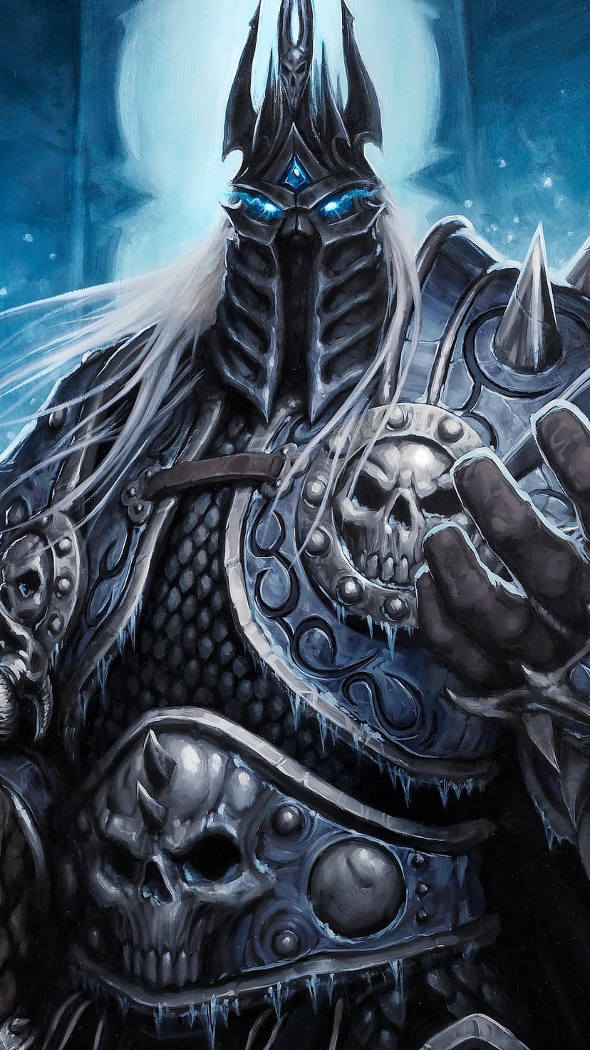 Lich King in heavy skull-adorned armor with glowing blue eyes and long white hair against a cold blue light.