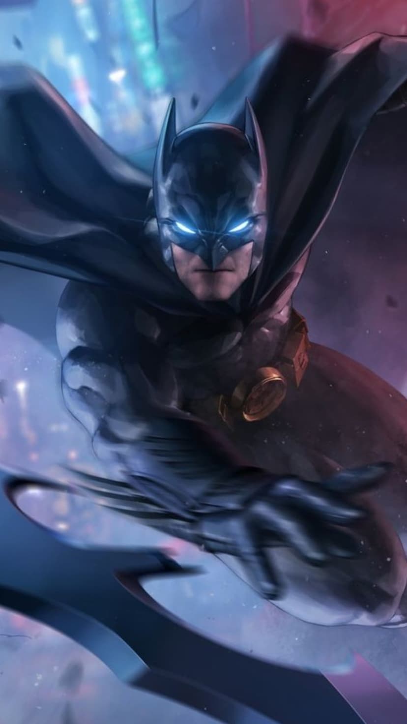 Batman crouches with a flowing black cape and glowing blue eyes against a blurred city skyline at night.