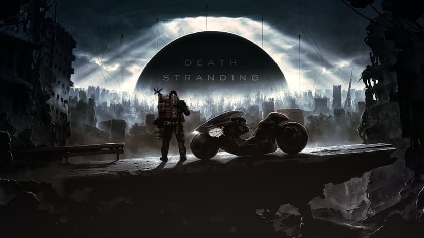 A survivor stands by a futuristic bike on a ruined highway overlooking a dark, devastated city.