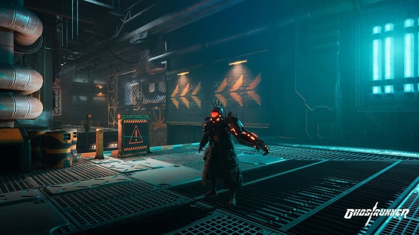 Cyborg with glowing red visor stands in a cyan-lit industrial hall with metal pipes and floor grates.
