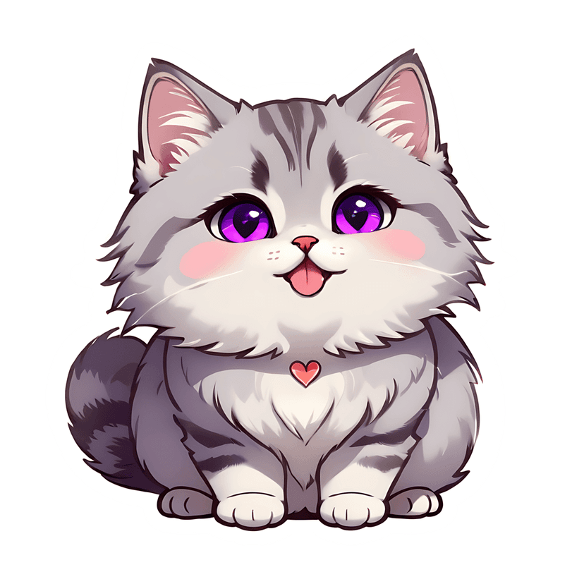 Gray kitten sticker with purple eyes and a red heart pendant sits forward with a white outline and soft fur.