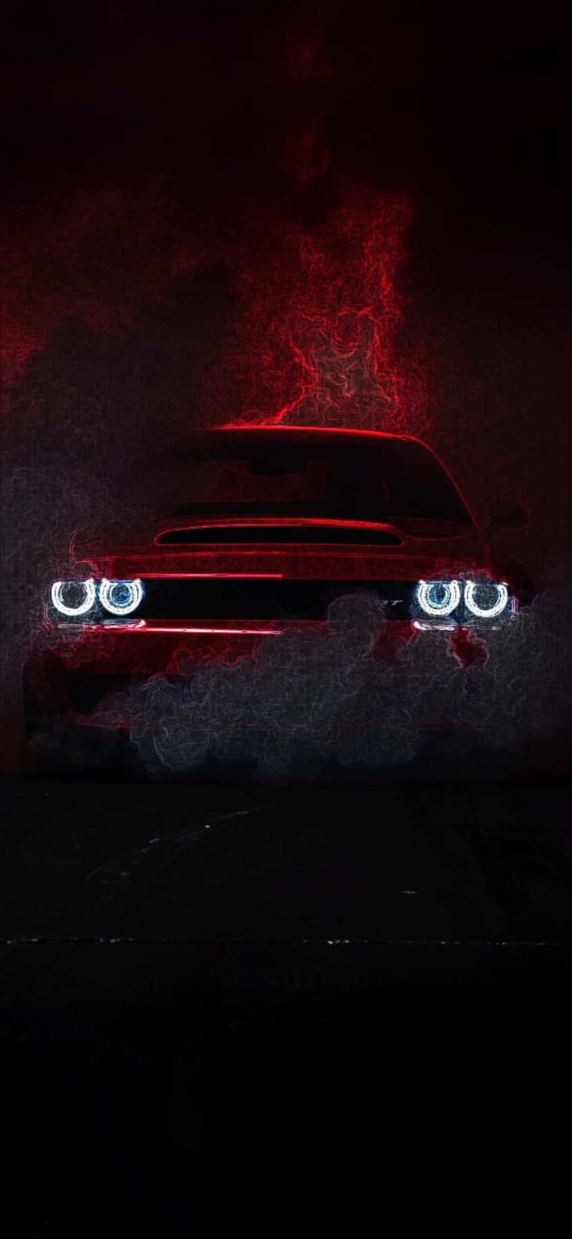 Red Dodge Challenger with glowing halo headlights emerges from dense red and white drifting tire smoke.