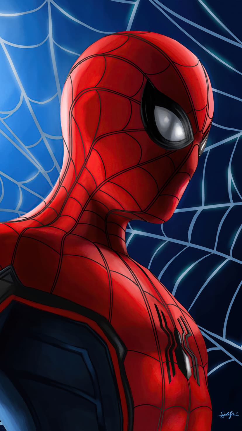 Spider-Man's masked face and chest showing red textured fabric and white eye lenses against a blue background.