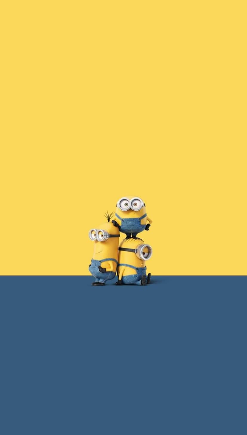 Three Minions stack vertically against a split yellow and blue backdrop with playful expressions on their faces.