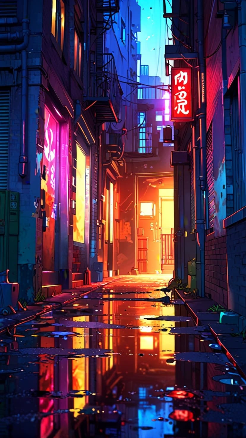 Vibrant neon signage glows in a rain-slicked futuristic alleyway between dark skyscrapers at midnight.