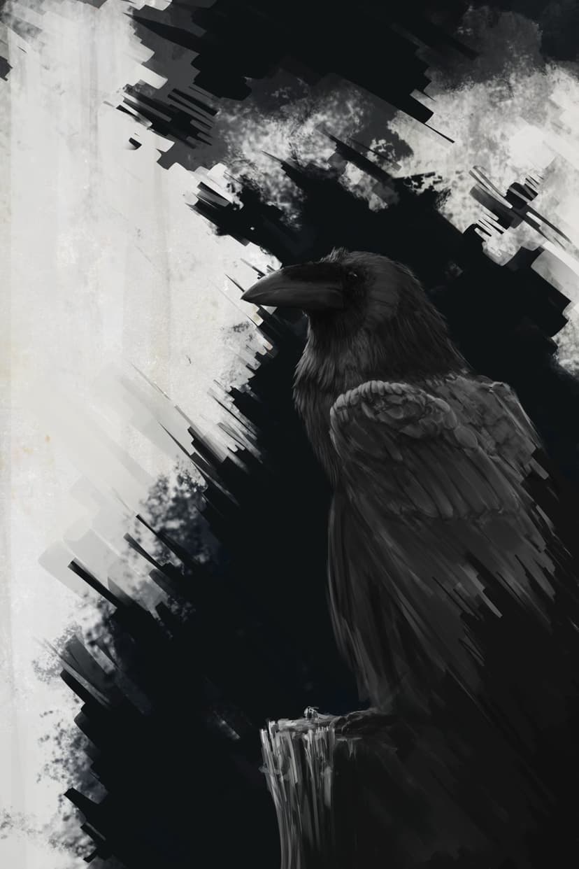 Black raven with textured feathers perches on a wooden branch amidst stark black and white abstract paint.