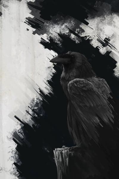 Dark Raven Perched on Branch, Abstract Background