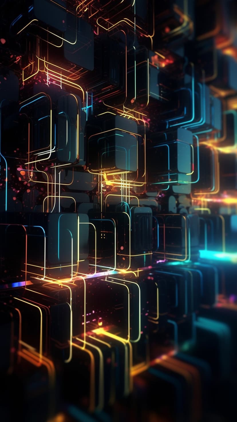 Black geometric cubes interconnected by glowing orange and blue neon lines amidst a soft bokeh light field.