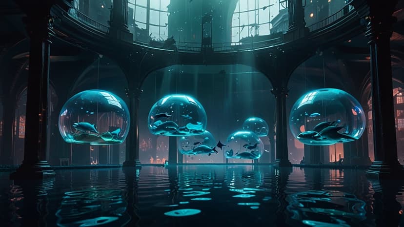 Glowing glass spheres containing fish float above a dark reflective floor in a futuristic aquatic hall.