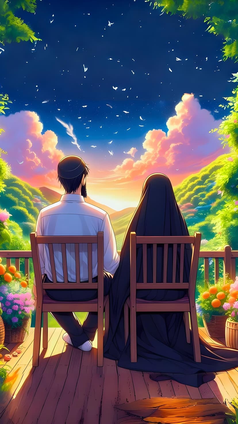 Couple sits on a wooden deck overlooking rolling green hills under a vibrant orange and blue sunset sky.