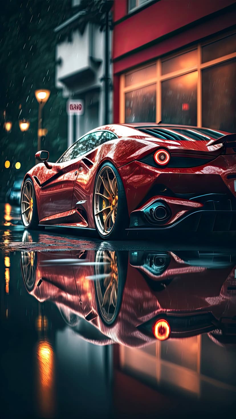 Red sports car with gold wheels parked on a wet asphalt street at night with vibrant reflections and rain.