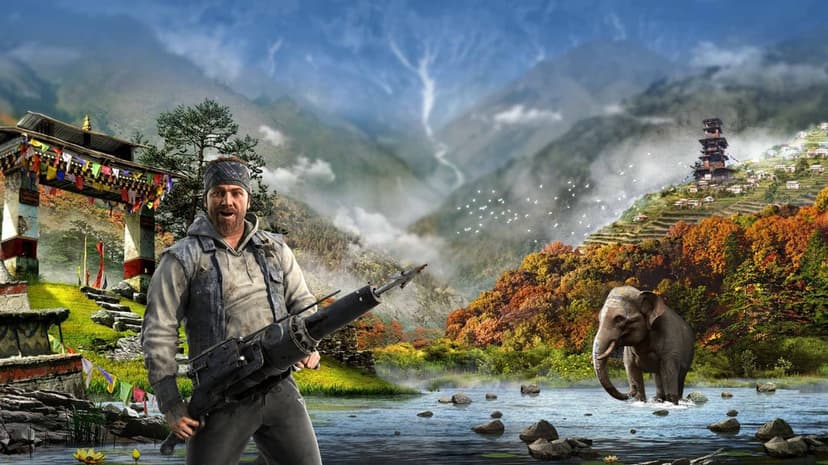 Character Hurk holding a large weapon in a mountain valley with an elephant and traditional architecture.