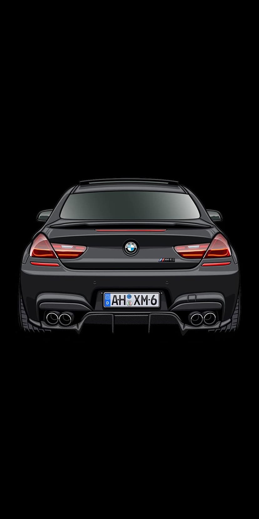 Black BMW M6 convertible rear view with quad exhausts, LED taillights, and AH XM-6 license plate visible.
