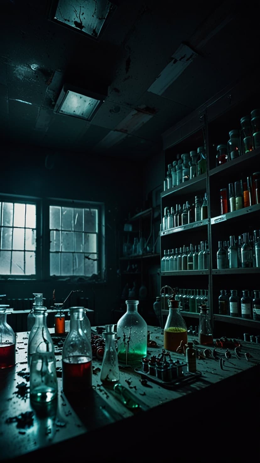 Glowing green vial on a wooden workbench inside a dark, abandoned laboratory with cracked glass window panes.