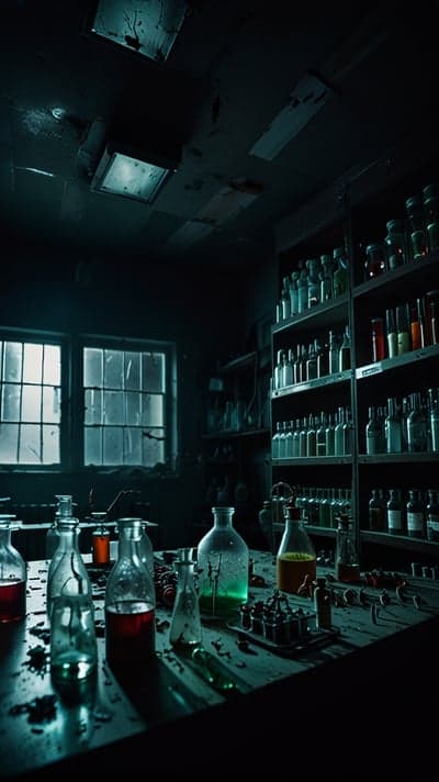 Eerie Laboratory with Glowing Vials and Cracked Windows