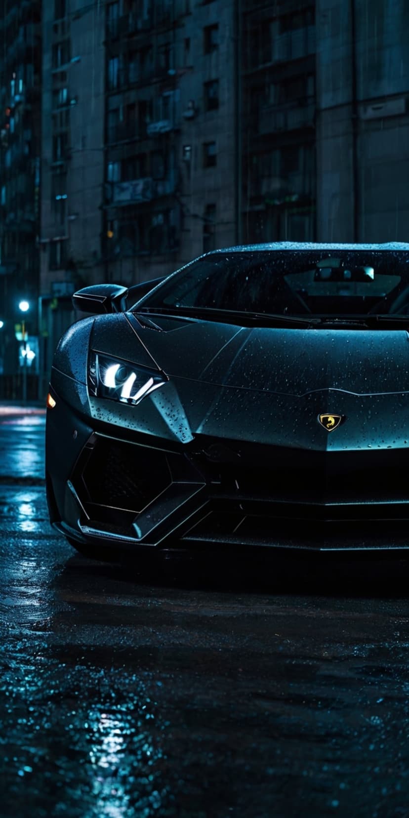 Black Lamborghini Aventador with glowing headlights parked on a wet city street at night with reflections.