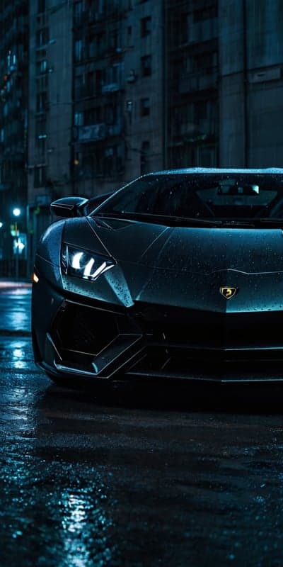 Dark Lamborghini Aventador on Wet City Street at Night