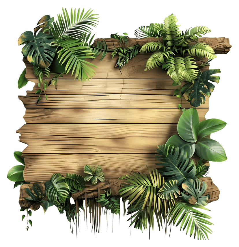 Tropical wooden frame featuring green monstera leaves and palm foliage over a rustic brown wood texture border.