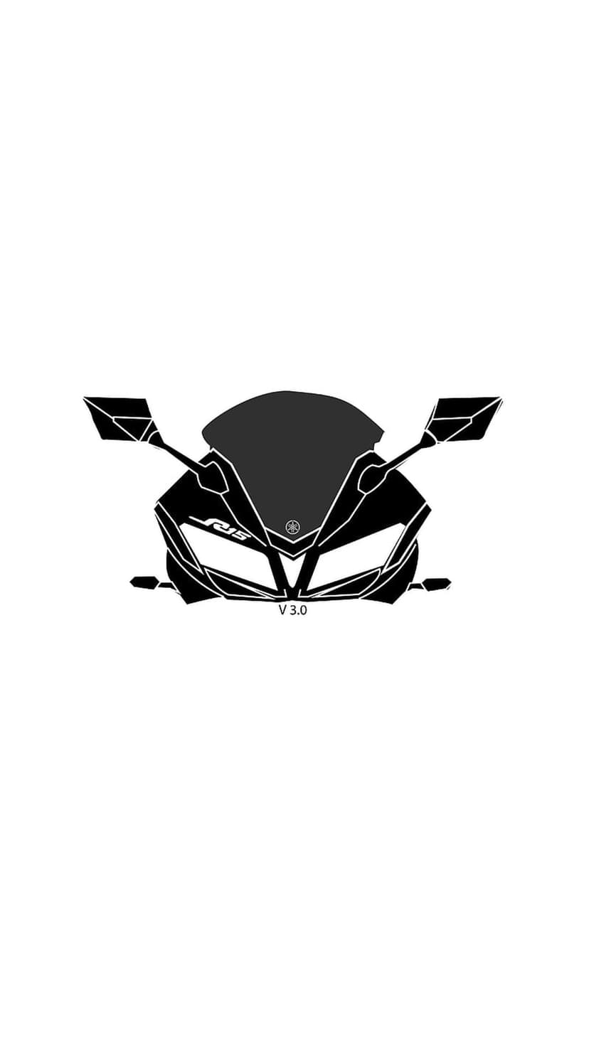 Yamaha R15 V3 front silhouette featuring dual headlights and mirrors in a minimalist black and white composition.