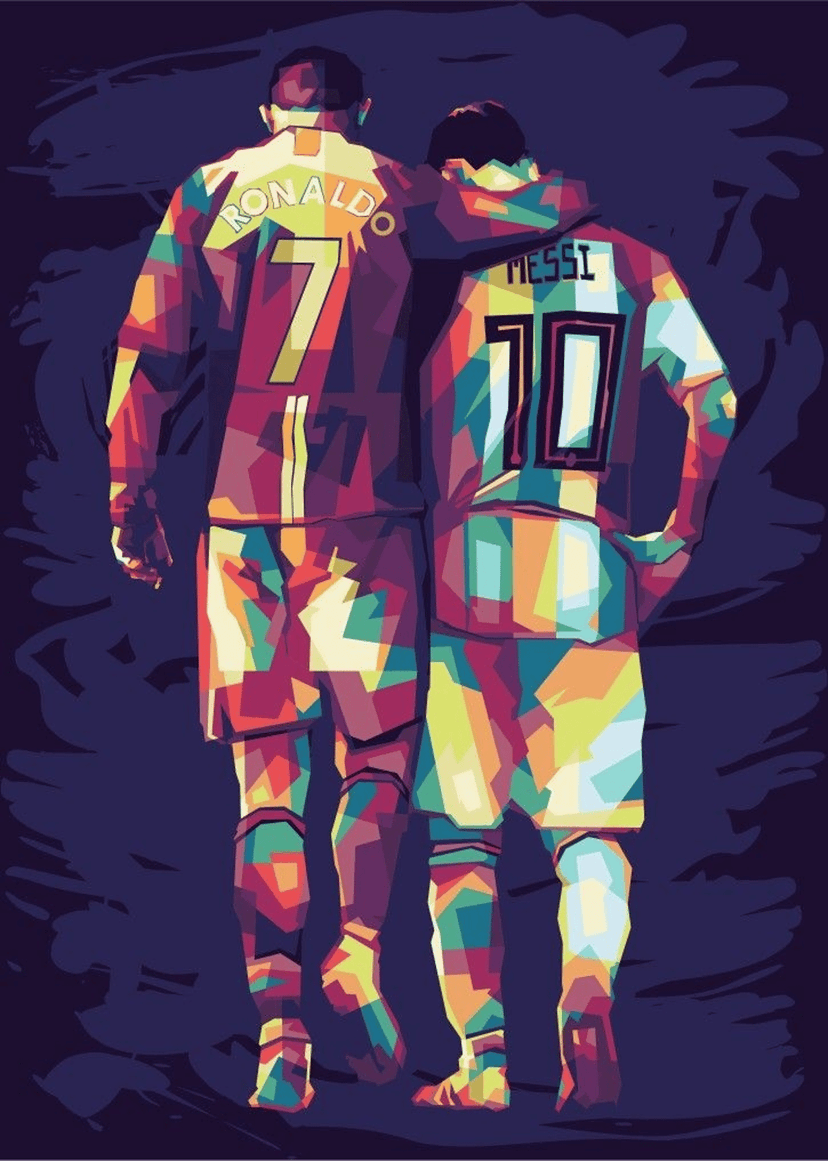 Cristiano Ronaldo and Lionel Messi wearing jerseys 7 and 10 walk together in a colorful mosaic art style.