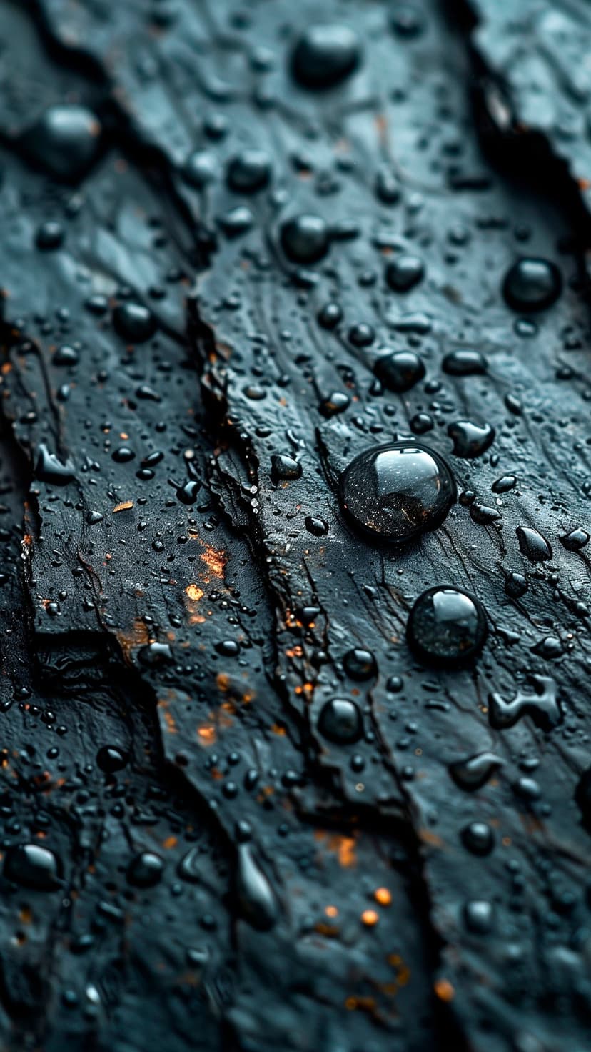 Clear water droplets resting on a dark, textured slate surface with subtle orange mineral specks and highlights.