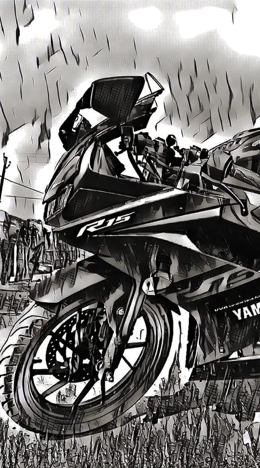 Yamaha R15 sportbike sketch with sharp ink lines and high-contrast shading on the front wheel and bodywork.
