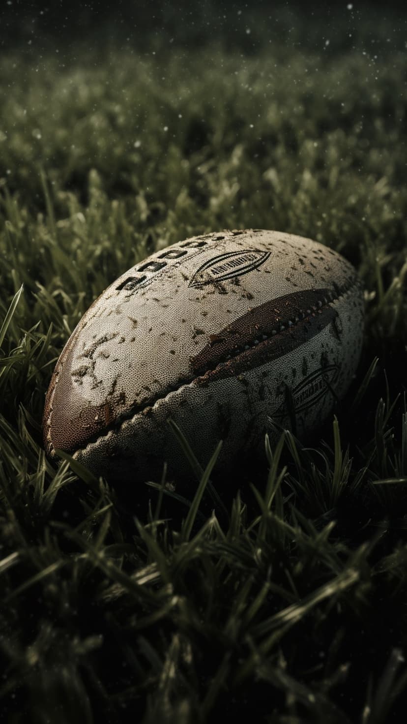 Rugby ball with water droplets on its surface sits in dark green grass on a wet, out-of-focus playing field.