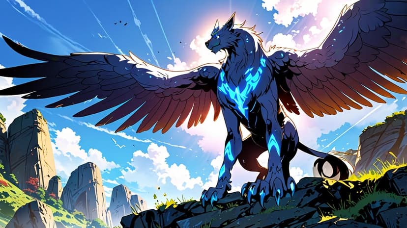Dark blue gryphon with glowing neon markings perches on a jagged cliff overlooking sunlit mountain peaks.