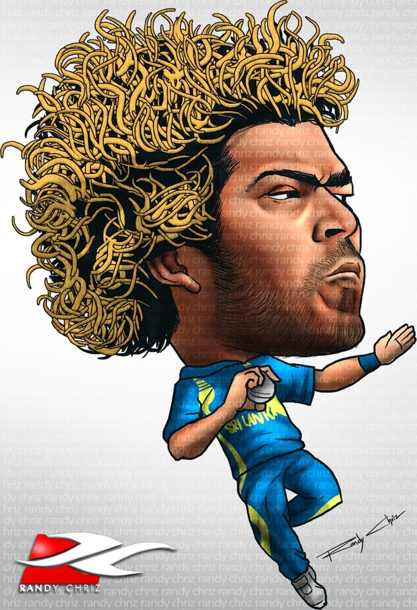 Lasith Malinga with golden curly hair in a blue cricket kit performs his signature slinging bowling action.
