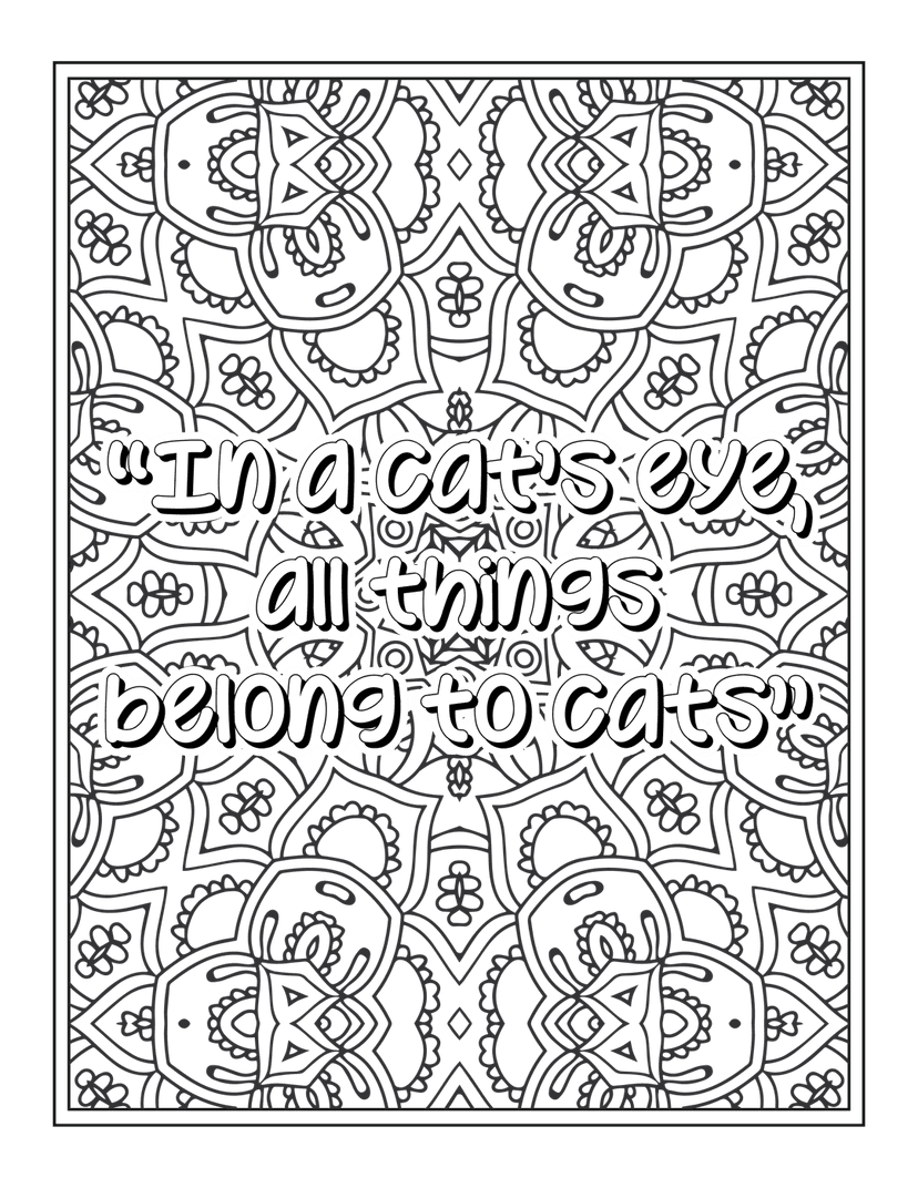 Cat eye quote typography centered over a dark gray floral mandala pattern with white outlined lettering.