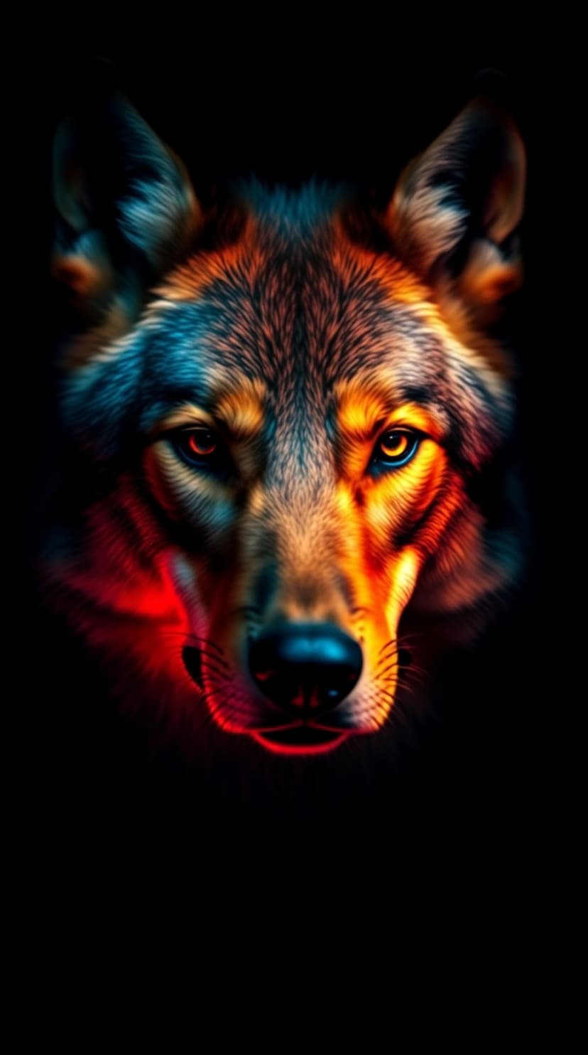 Wolf face illuminated by orange embers and blue electricity with glowing yellow eyes against a black background.