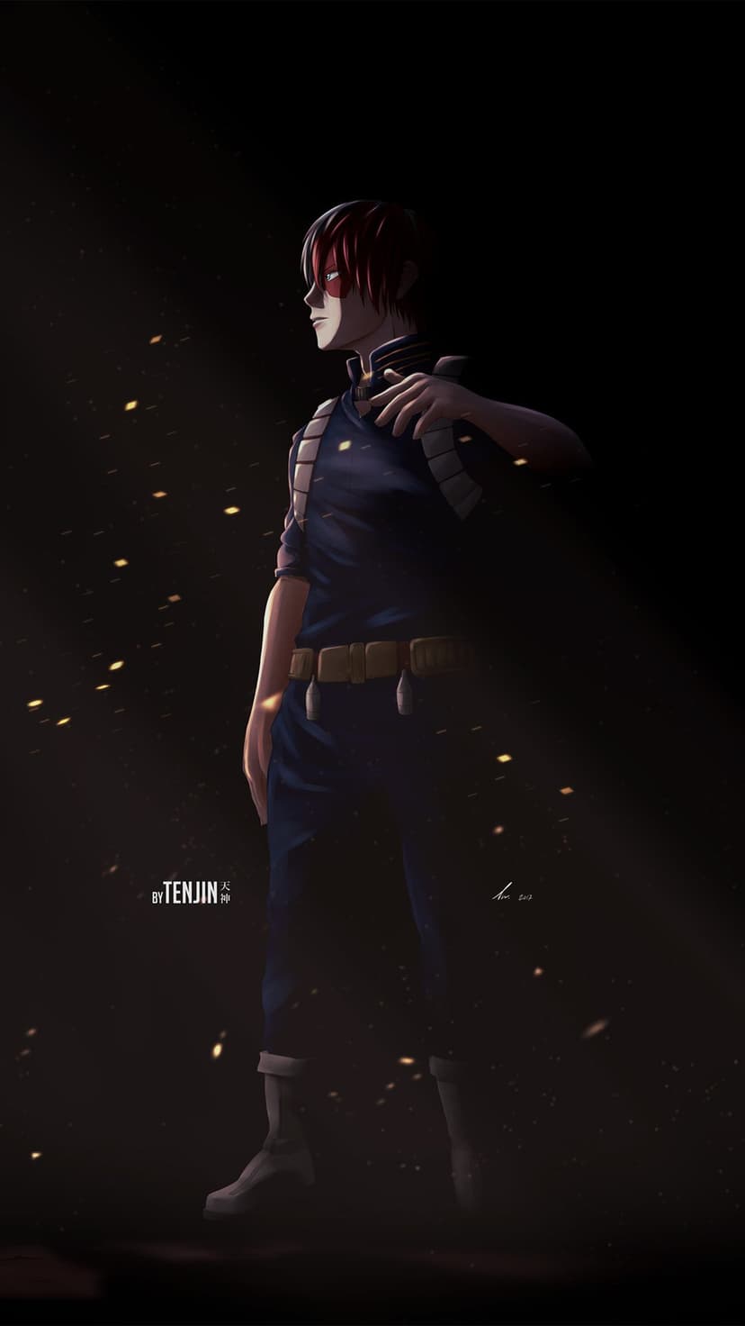 Shoto Todoroki with red and white hair stands in shadows while golden embers float around his hero costume.
