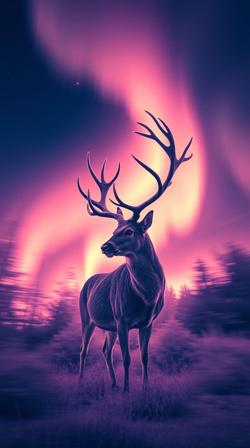 Male deer with large antlers stands in tall grass under a vivid pink and purple aurora borealis night sky.
