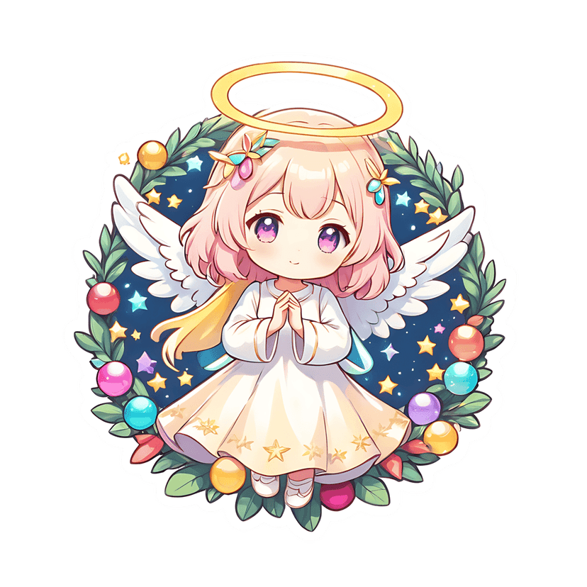 Chibi angel sticker praying inside a green Christmas wreath decorated with colorful ornaments and gold stars.