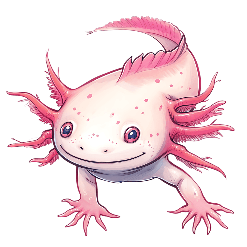 Pink axolotl cartoon character illustration with magenta external gills and a smiling face on black background.