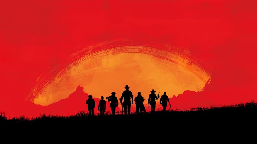 Seven black cowboy silhouettes walking across a ridge against a massive orange sun and bright red sky.