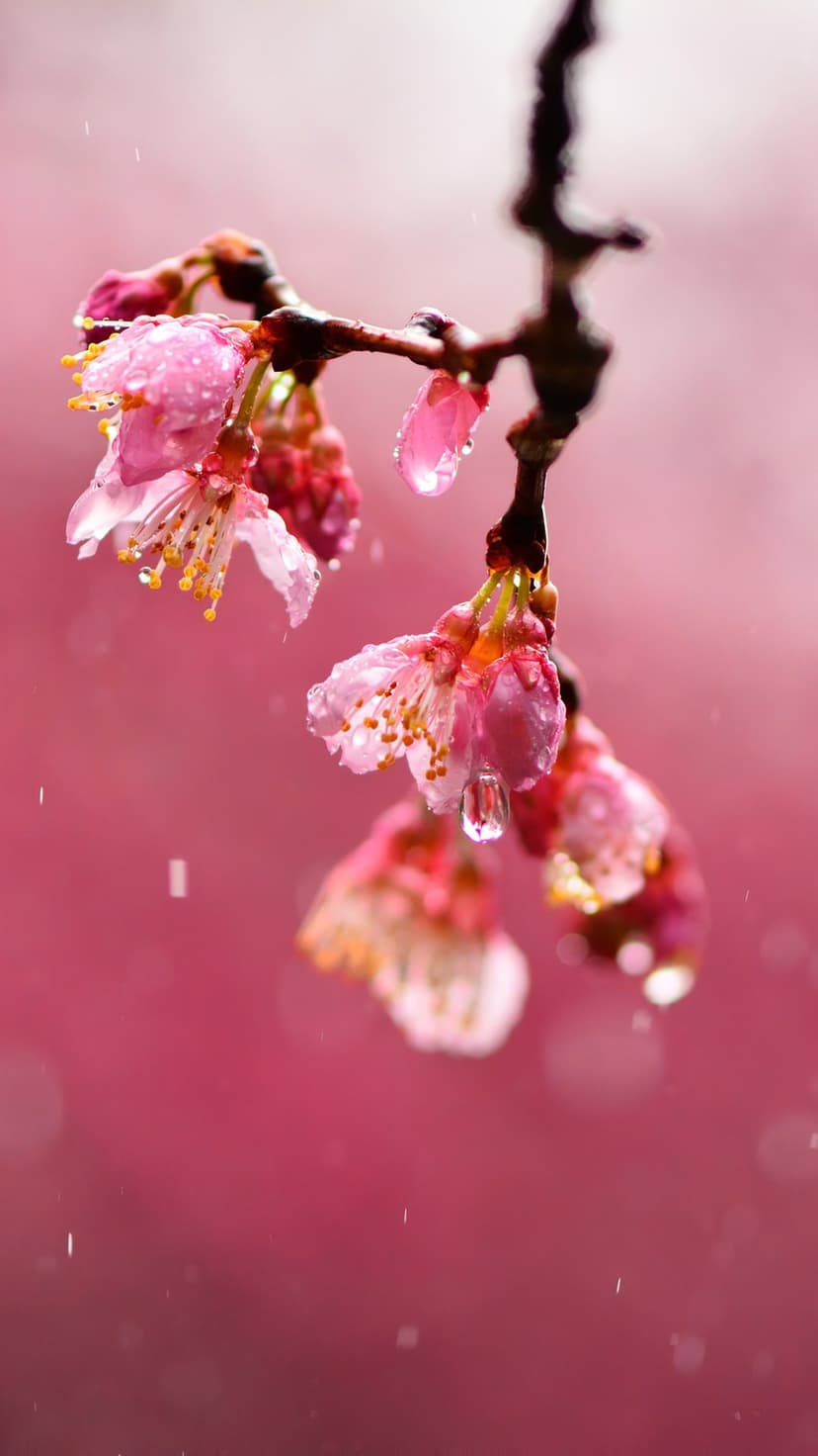 Pink cherry blossom petals covered in transparent raindrops with a soft bokeh background in a vertical macro view.