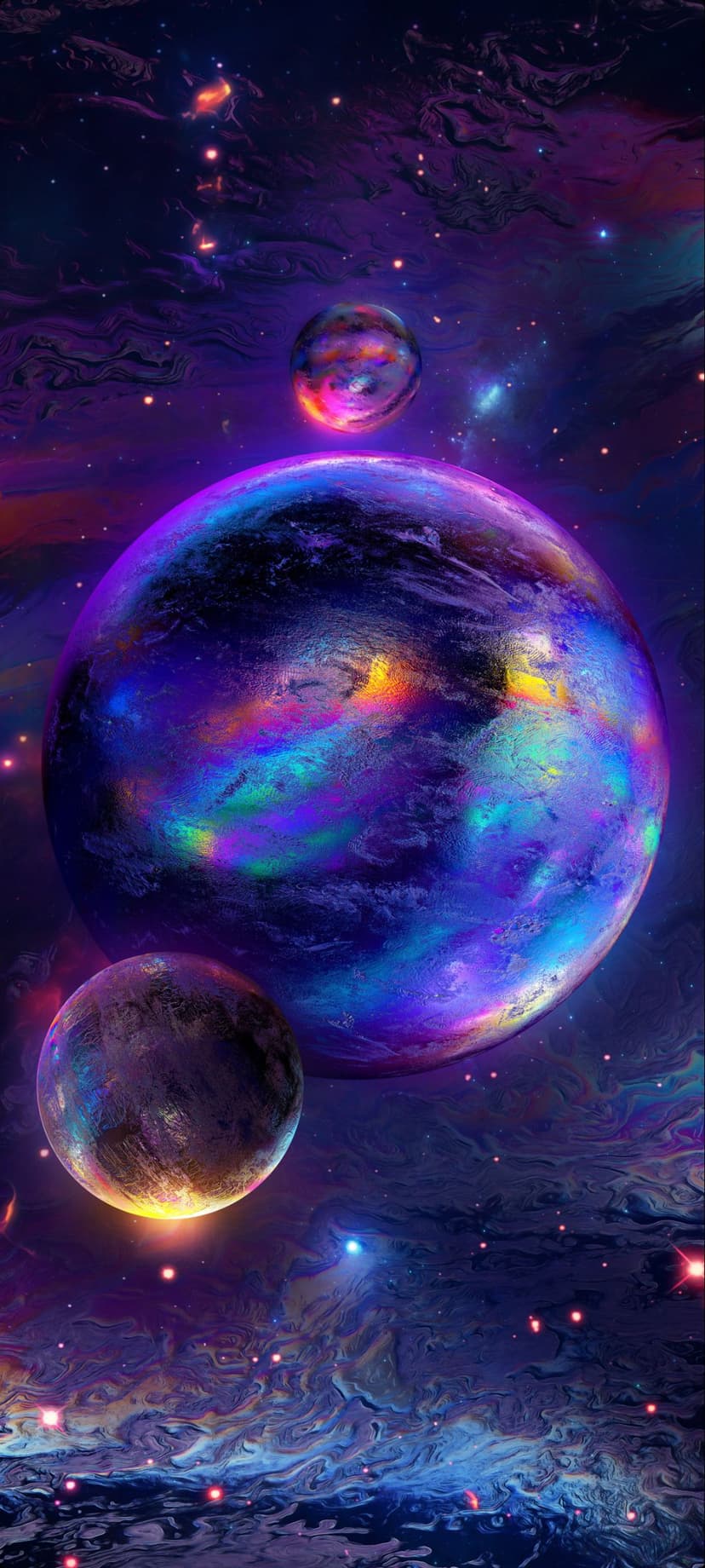 Swirling planet with rainbow aurora rings orbits near two small moons amidst a glowing purple celestial nebula.