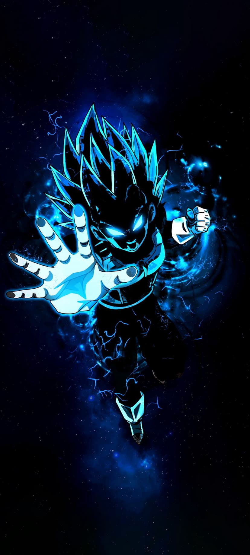 Vegeta in Super Saiyan Blue form with a glowing azure aura and electric sparks against a dark background.
