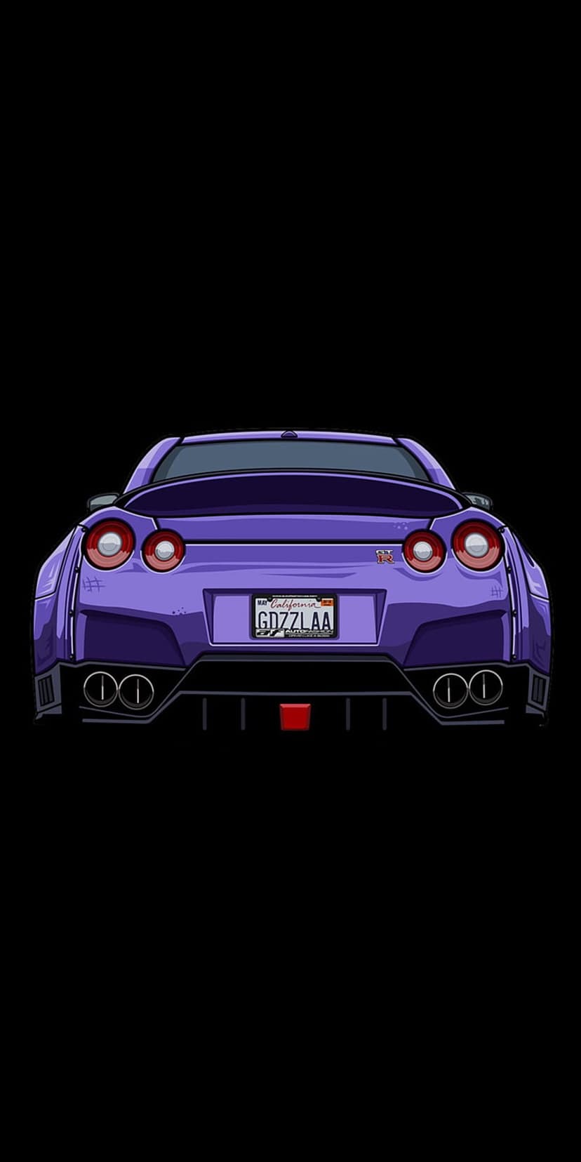 Purple Nissan GT-R rear view with glowing circular taillights and GDZZLAA license plate on a black background.