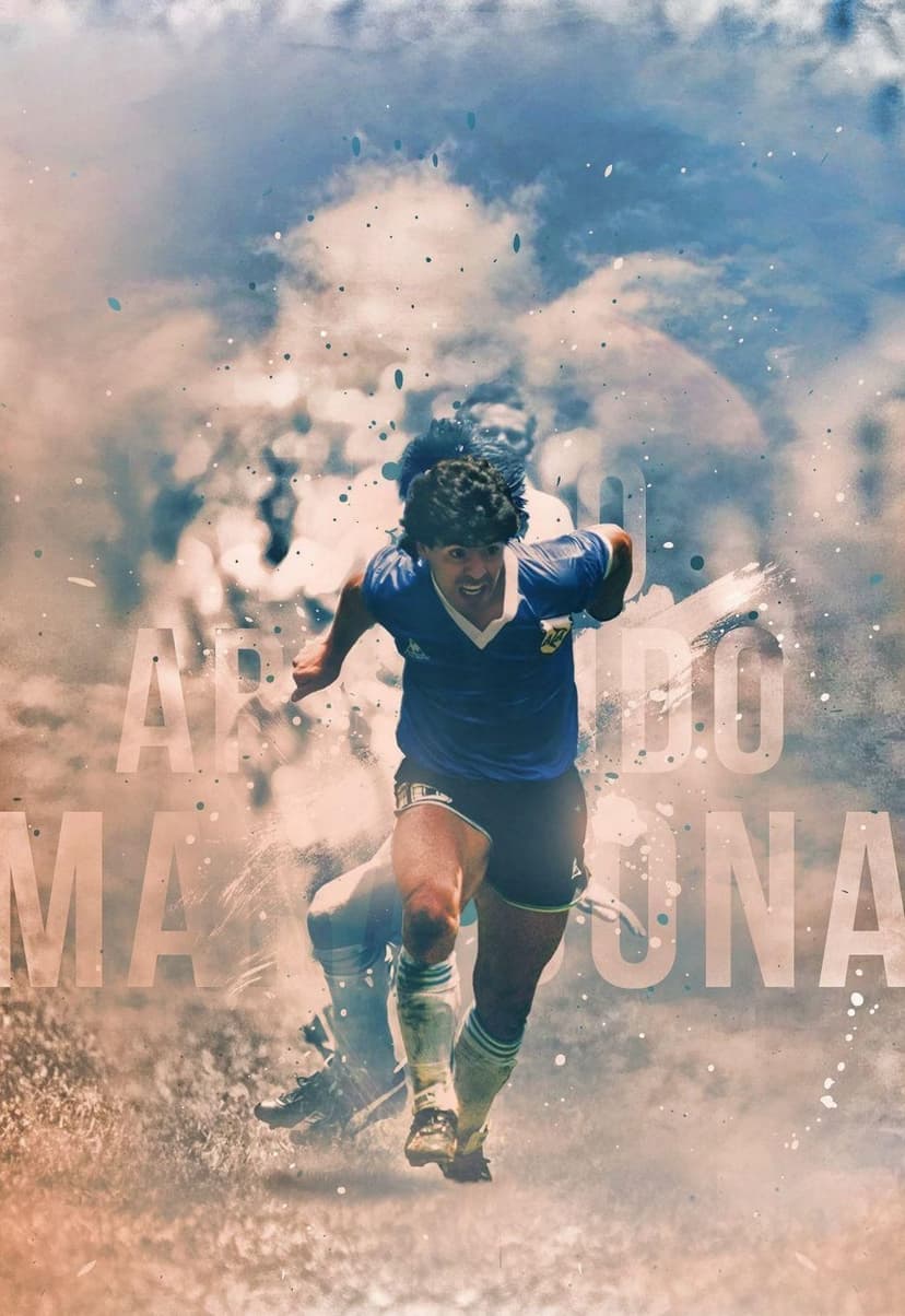 Diego Maradona sprints mid-dribble amidst ethereal white smoke and hazy lighting on a vertical backdrop.