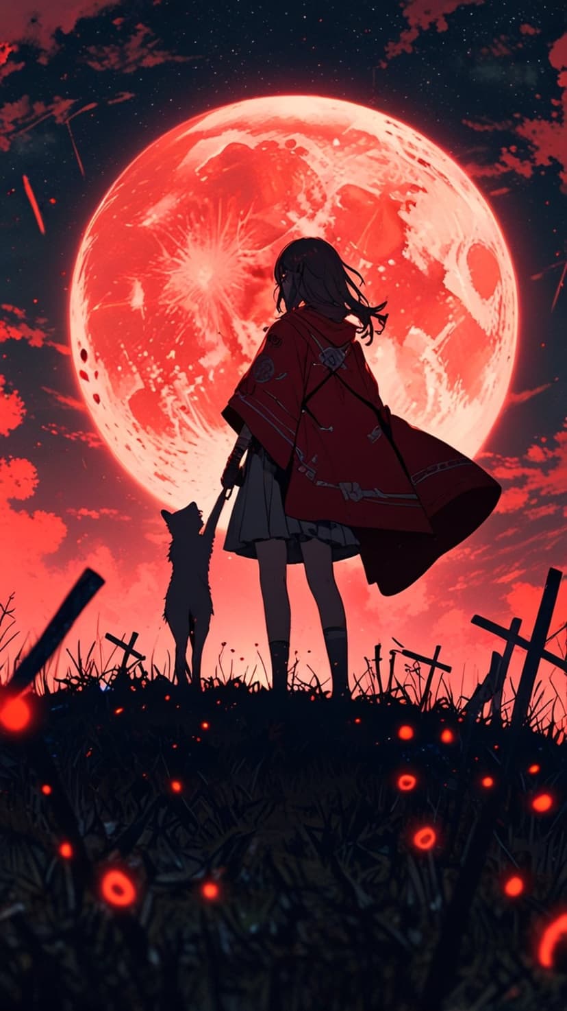 Hooded girl and a large wolf stand in a cemetery under a massive red blood moon with glowing scarlet highlights.