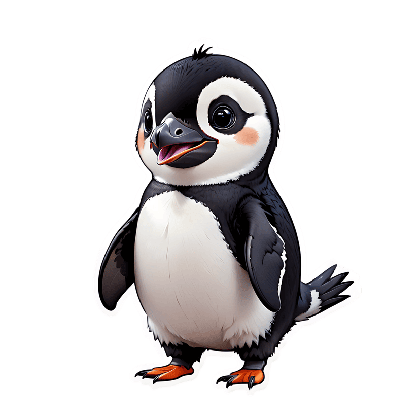 Baby penguin sticker illustration with glossy blue eyes, orange beak, and fluffy white and black feathers.