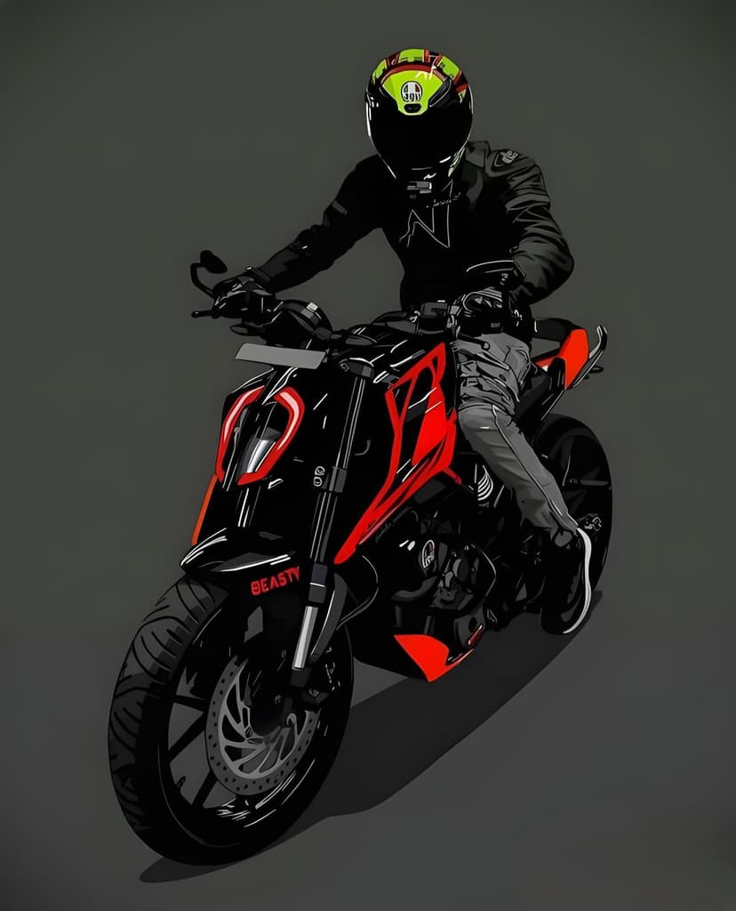 Rider in black gear on a red and black motorcycle with BEASTY text on the fender against a dark gray background.